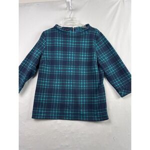 Talbots Plaid Mock Neck Top Womens XLP Teal Navy Blue Tartan 3/4 Sleeve Knit
